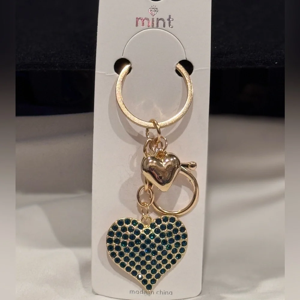 BAG CHARM Gold and Green Crystal Heart Keychain 3.5 inch
